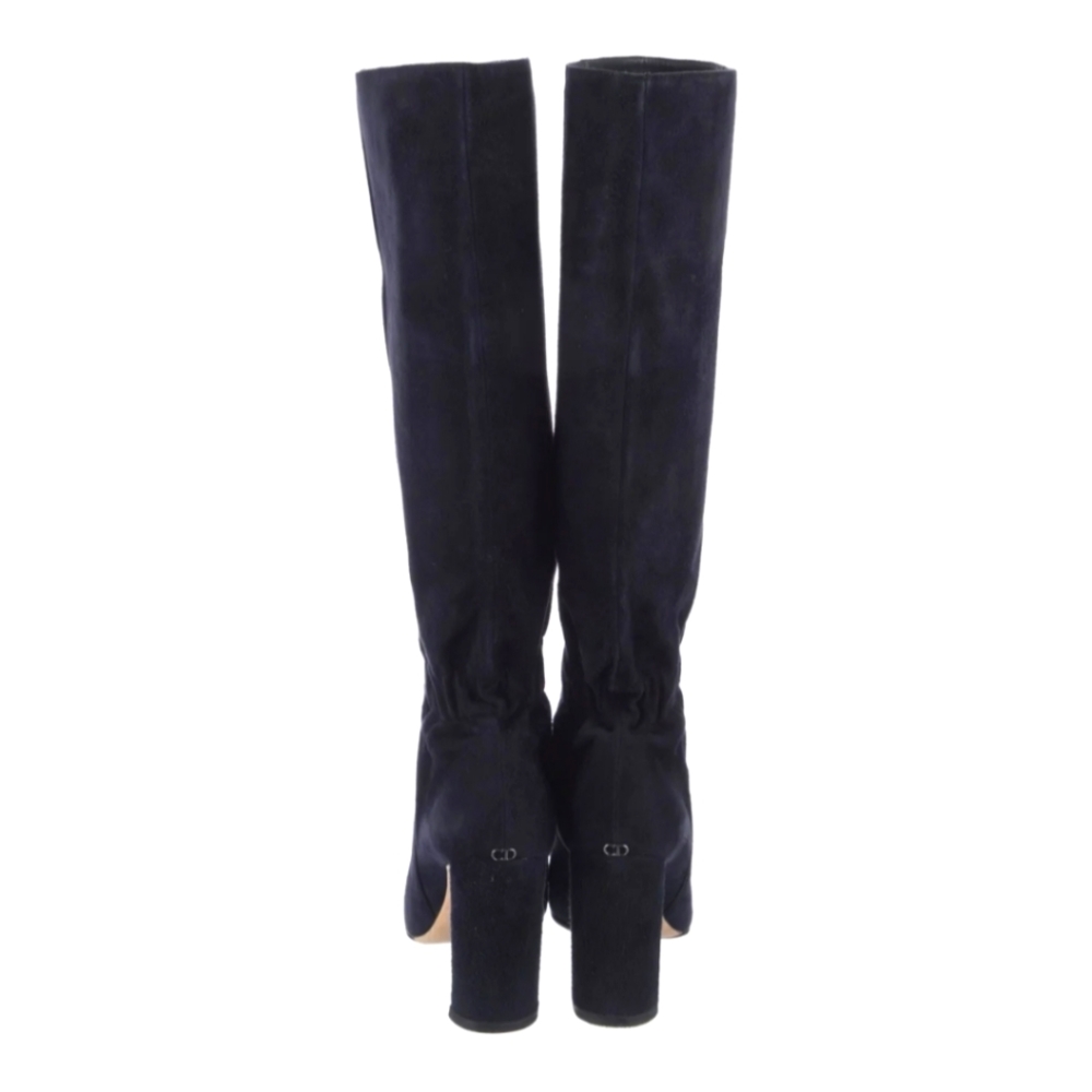 Christian Dior Suede Knee High Boots Blue 39.5 US 9.5 Block Heel CD Logo Zip - Picture 10 of 12